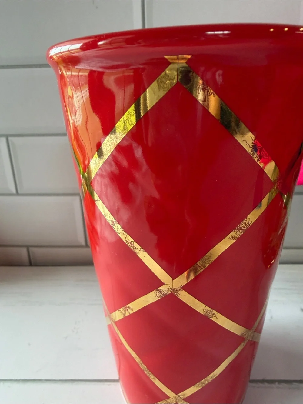 Starbucks Red Ceramic Tumbler with Gold Accents